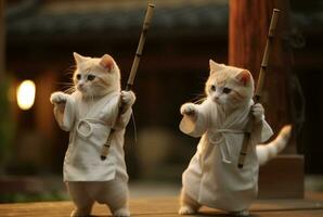 un par de gatos vistiendo marcial armadura. es practicando marcial letras kung fu por jugando palo. generativo ai foto