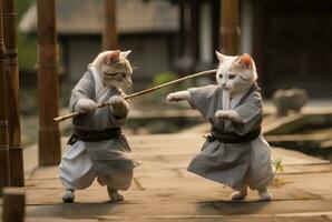 a pair of cats wearing martial armor. is practicing martial arts kung fu by playing stick. generative ai photo