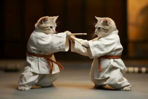 un par de gatos vistiendo marcial armadura. es practicando marcial letras kung fu por jugando palo. generativo ai foto