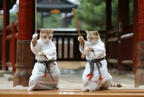 un par de gatos vistiendo marcial armadura. es practicando marcial letras kung fu por jugando palo. generativo ai foto