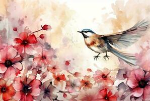 beautiful flowers and birds with watercolors. generative ai photo