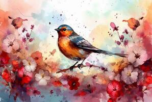 beautiful flowers and birds with watercolors. generative ai photo