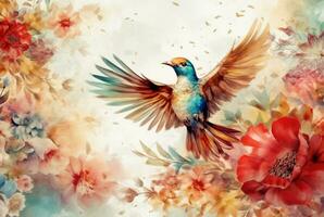 beautiful flowers and birds with watercolors. generative ai photo