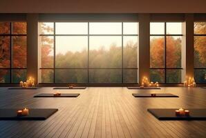 empty zen room or yoga studio with nature view from window and burning candles on floor. generative ai photo