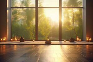 empty zen room or yoga studio with nature view from window and burning candles on floor. generative ai photo