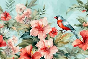 beautiful flowers and birds with watercolors. generative ai photo