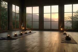 empty zen room or yoga studio with nature view from window and burning candles on floor. generative ai photo