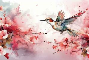 beautiful flowers and birds with watercolors. generative ai photo