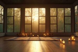 empty zen room or yoga studio with nature view from window and burning candles on floor. generative ai photo