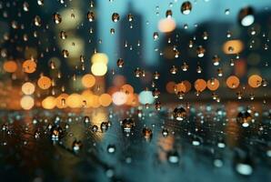 glass background with raindrops and street lights at night. generative ai photo