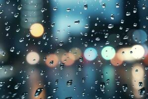 vaso antecedentes con gotas de lluvia y calle luces a noche. generativo ai foto