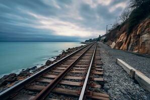 view of railroad tracks with beach. generative ai photo