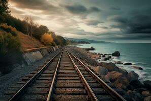 view of railroad tracks with beach. generative ai photo