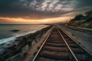 view of railroad tracks with beach. generative ai photo