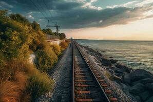 view of railroad tracks with beach. generative ai photo