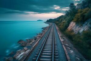 ver de ferrocarril pistas con playa. generativo ai foto