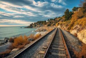 view of railroad tracks with beach. generative ai photo