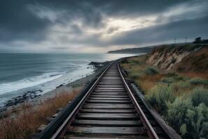 view of railroad tracks with beach. generative ai photo