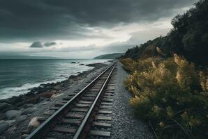 view of railroad tracks with beach. generative ai photo