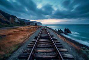 view of railroad tracks with beach. generative ai photo