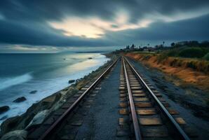 view of railroad tracks with beach. generative ai photo
