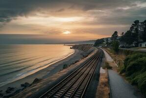 view of railroad tracks with beach. generative ai photo