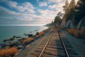 view of railroad tracks with beach. generative ai photo