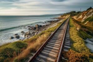 view of railroad tracks with beach. generative ai photo