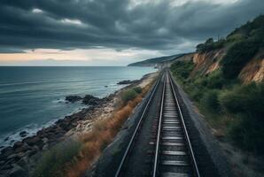 view of railroad tracks with beach. generative ai photo