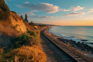 view of railroad tracks with beach. generative ai photo