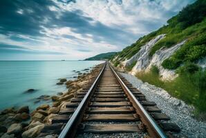 view of railroad tracks with beach. generative ai photo