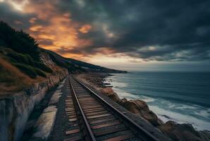 view of railroad tracks with beach. generative ai photo