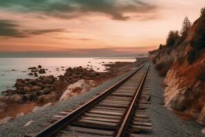 view of railroad tracks with beach. generative ai photo