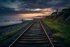 view of railroad tracks with beach. generative ai photo