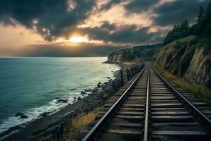 view of railroad tracks with beach. generative ai photo