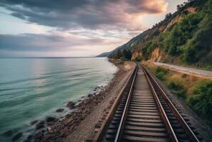 view of railroad tracks with beach. generative ai photo