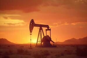 Crude oil pumpjack rig on desert silhouette in evening sunset, energy industrial machine for petroleum gas production background. generative ai photo