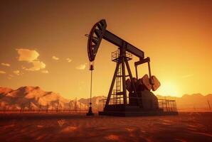 Crude oil pumpjack rig on desert silhouette in evening sunset, energy industrial machine for petroleum gas production background. generative ai photo