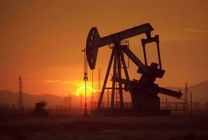 Crude oil pumpjack rig on desert silhouette in evening sunset, energy industrial machine for petroleum gas production background. generative ai photo