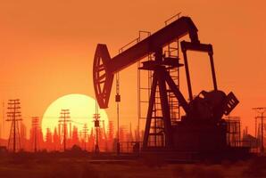 Crude oil pumpjack rig on desert silhouette in evening sunset, energy industrial machine for petroleum gas production background. generative ai photo