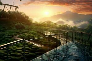 glass bridge over the tea garden with sunset view in the evening. generative ai photo