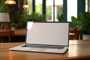 Laptop with blank screen on table with coffee shop blurred background. generative ai photo