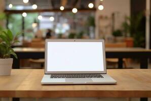 Laptop with blank screen on table with coffee shop blurred background. generative ai photo