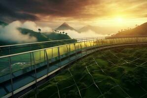 glass bridge over the tea garden with sunset view in the evening. generative ai photo