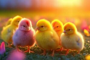 a group of cute chicks in a green grass garden with blurred sun light background. generative ai photo