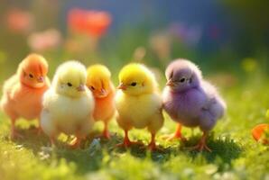 a group of cute chicks in a green grass garden with blurred sun light background. generative ai photo