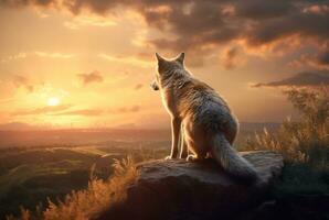 wolf on the hill with sunset view in the evening. generative ai photo