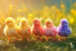 a group of cute chicks in a green grass garden with blurred sun light background. generative ai photo