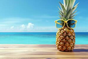 Summer concept cute Pineapple fruit with glasses on wooden table with beach background and clear blue sky. generative ai photo