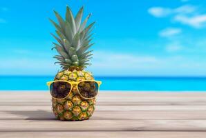 Summer concept cute Pineapple fruit with glasses on wooden table with beach background and clear blue sky. generative ai photo